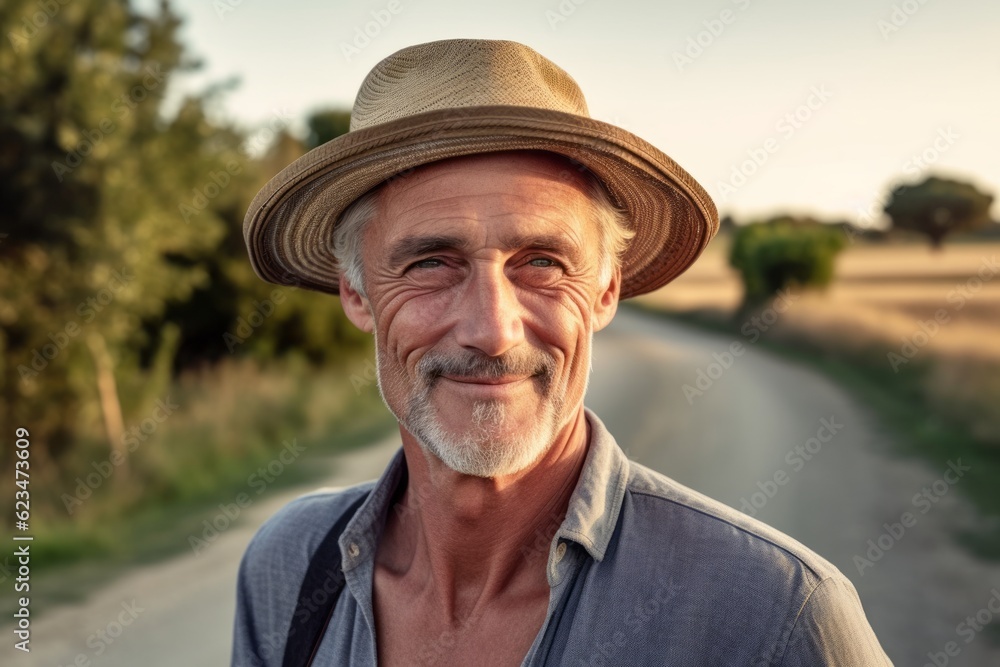 Studio portrait photography of a glad mature man wearing a stylish sun hat against a winding country road background. With generative AI technology