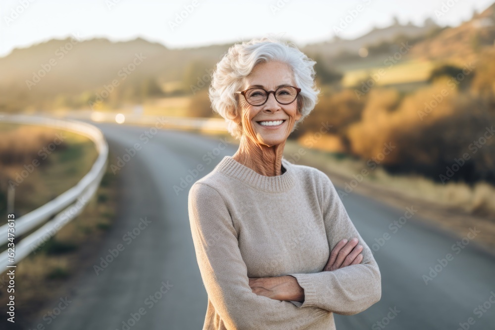 Fototapeta premium Lifestyle portrait photography of a satisfied old woman wearing an elegant long-sleeve shirt against a winding country road background. With generative AI technology