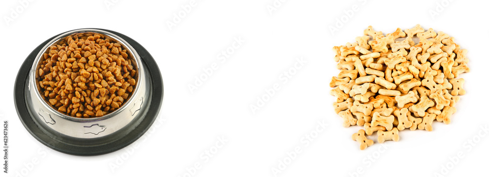 Dry dog food and biscuits isolated on white background. Free space for text. Wide photo. Сollage. Dry dog food and biscuits isolated on white background. Free space for text. Wide photo. Сollage.
