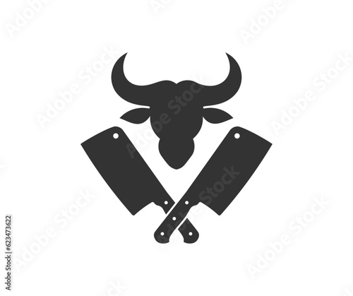 Butchery vintage logo design. Cattle Head Silhouette and Crossed cleavers. Logo of Butchery meat shop with Meat knives vector design and illustration.

