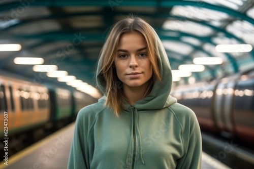 Medium shot portrait photography of a tender girl in her 30s wearing a comfortable tracksuit against a train station background. With generative AI technology photo