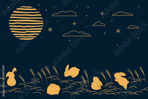 Mid Autumn Festival cute rabbits, full moon, pampas grass, clouds, stars, gold on blue. Hand drawn vector illustration. Flat style design. Concept for traditional Asian holiday card, poster, banner