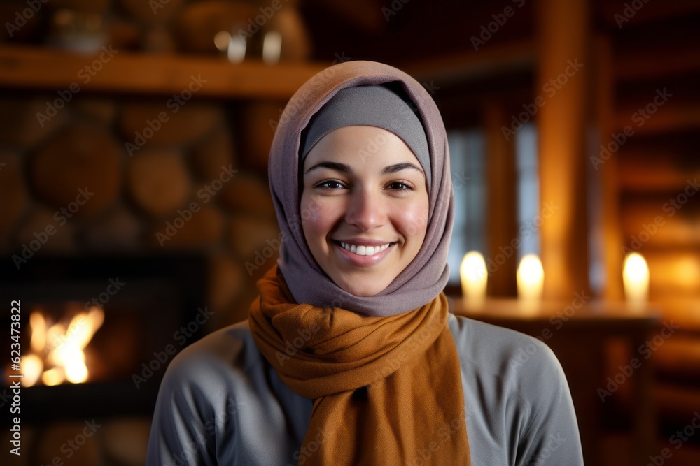 Sports portrait photography of a joyful mature girl wearing hijab against a cozy fireplace background. With generative AI technology Sports portrait photography of a joyful mature girl wearing hijab against a cozy fireplace background. With generative AI technology