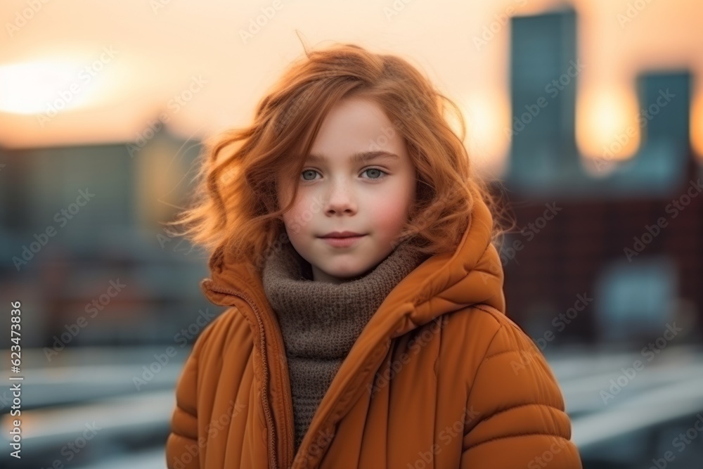 Medium shot portrait photography of a tender kid female wearing a cozy winter coat against a futuristic cityscape background. With generative AI technology Medium shot portrait photography of a tender kid female wearing a cozy winter coat against a futuristic cityscape background. With generative AI technology
