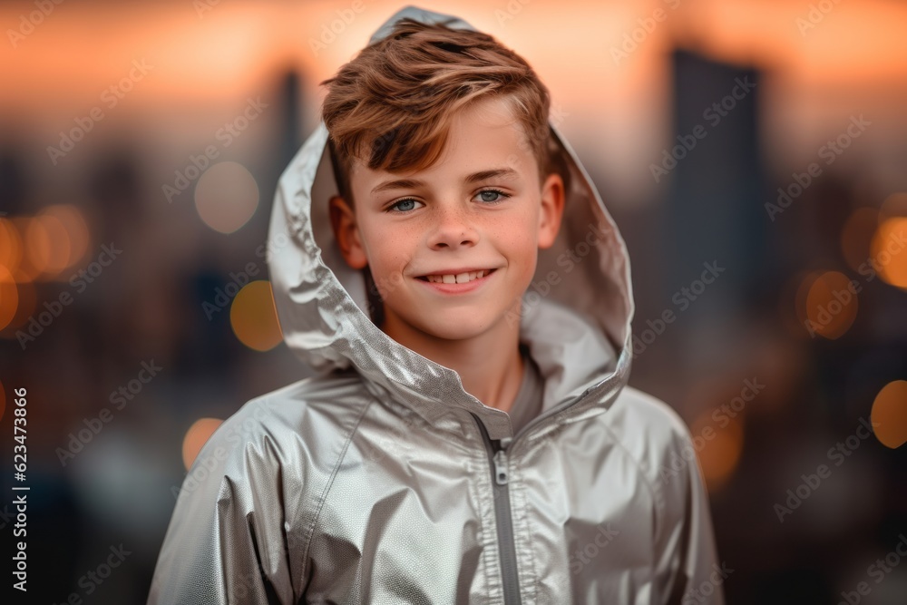 Three-quarter studio portrait photography of a happy kid male wearing a lightweight windbreaker against a futuristic cityscape background. With generative AI technology Three-quarter studio portrait photography of a happy kid male wearing a lightweight windbreaker against a futuristic cityscape background. With generative AI technology