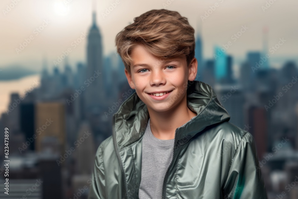 Three-quarter studio portrait photography of a happy kid male wearing a lightweight windbreaker against a futuristic cityscape background. With generative AI technology Three-quarter studio portrait photography of a happy kid male wearing a lightweight windbreaker against a futuristic cityscape background. With generative AI technology
