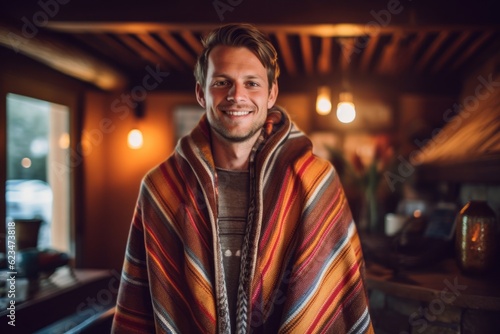 Lifestyle portrait photography of a glad boy in his 30s wearing a unique poncho against a cozy fireplace background. With generative AI technology