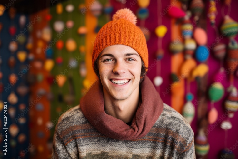 Studio portrait photography of a grinning boy in his 30s wearing a warm beanie or knit hat against a carnival background. With generative AI technology Studio portrait photography of a grinning boy in his 30s wearing a warm beanie or knit hat against a carnival background. With generative AI technology