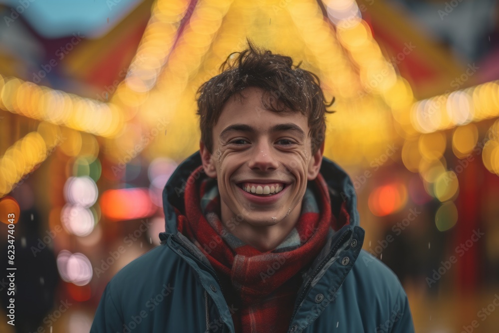 Close-up portrait photography of a grinning boy in his 30s wearing a warm parka against a carnival background. With generative AI technology