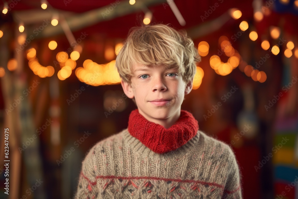 Conceptual portrait photography of a happy mature boy wearing a cozy sweater against a carnival background. With generative AI technology Conceptual portrait photography of a happy mature boy wearing a cozy sweater against a carnival background. With generative AI technology