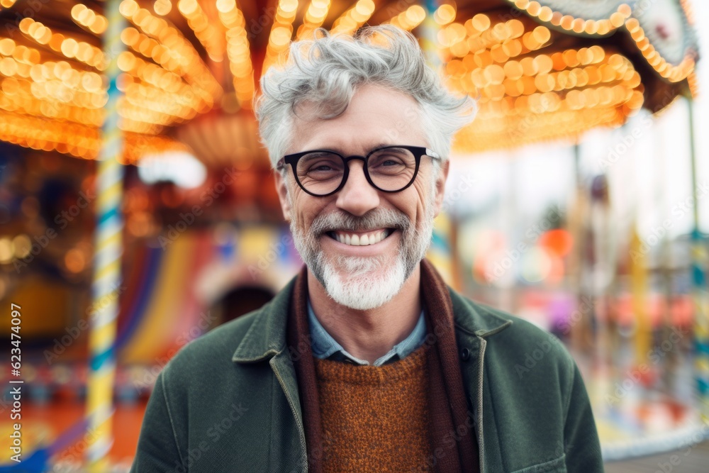 Conceptual portrait photography of a happy mature boy wearing a cozy sweater against a carnival background. With generative AI technology Conceptual portrait photography of a happy mature boy wearing a cozy sweater against a carnival background. With generative AI technology