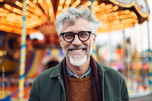 Conceptual portrait photography of a happy mature boy wearing a cozy sweater against a carnival background. With generative AI technology