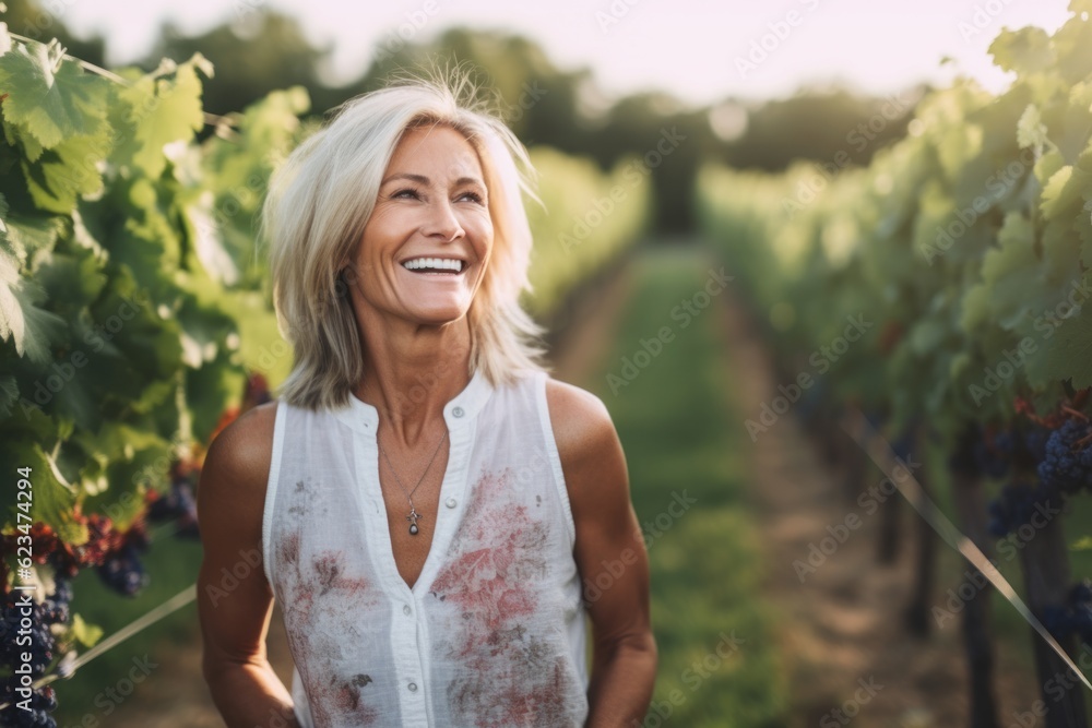 Medium shot portrait photography of a joyful mature woman wearing underclothing against a vineyard background. With generative AI technology Medium shot portrait photography of a joyful mature woman wearing underclothing against a vineyard background. With generative AI technology