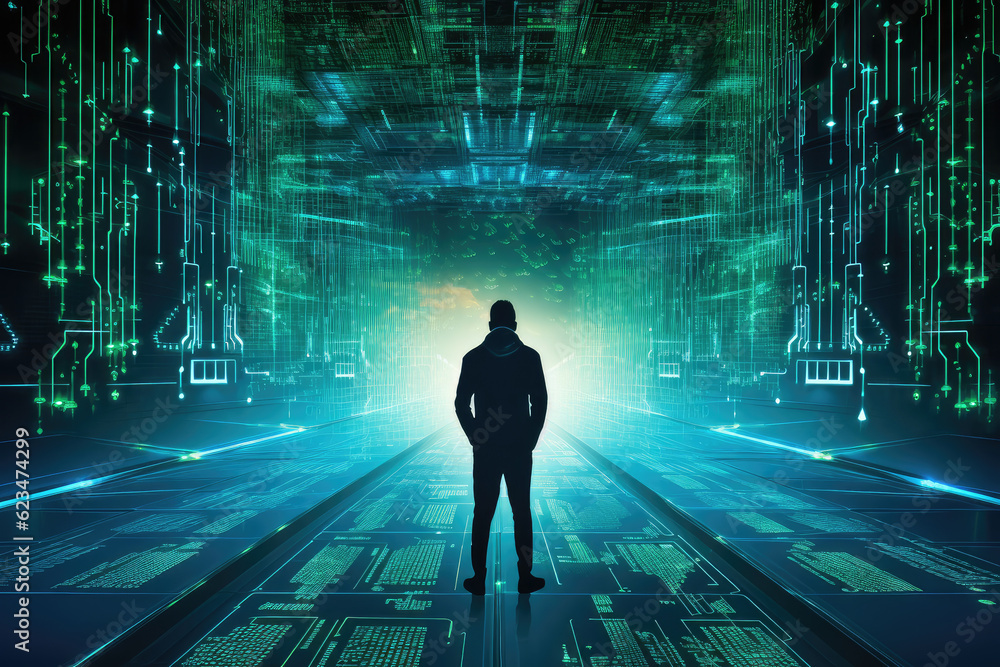 A computer hacker stands in front of data information background, cyber security concept A computer hacker stands in front of data information background, cyber security concept
