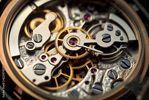 Close-up of delicate mechanical watch internal structure