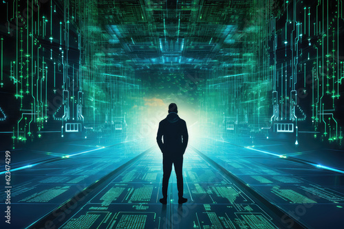 A computer hacker stands in front of data information background, cyber security concept