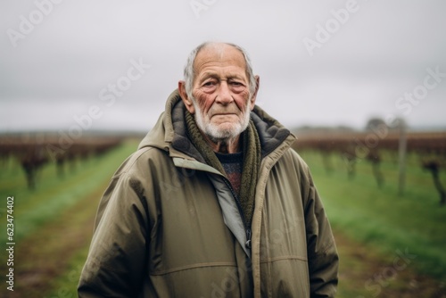 Environmental portrait photography of a glad old man wearing a warm parka against a vineyard background. With generative AI technology
