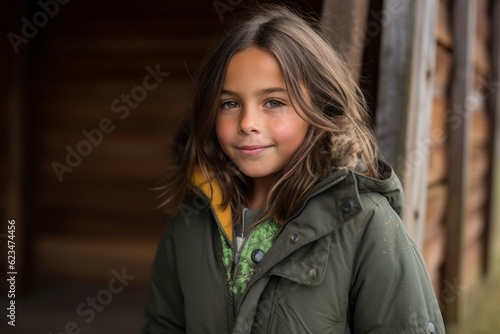 Medium shot portrait photography of a glad kid female wearing a durable parka against a rustic farmhouse background. With generative AI technology