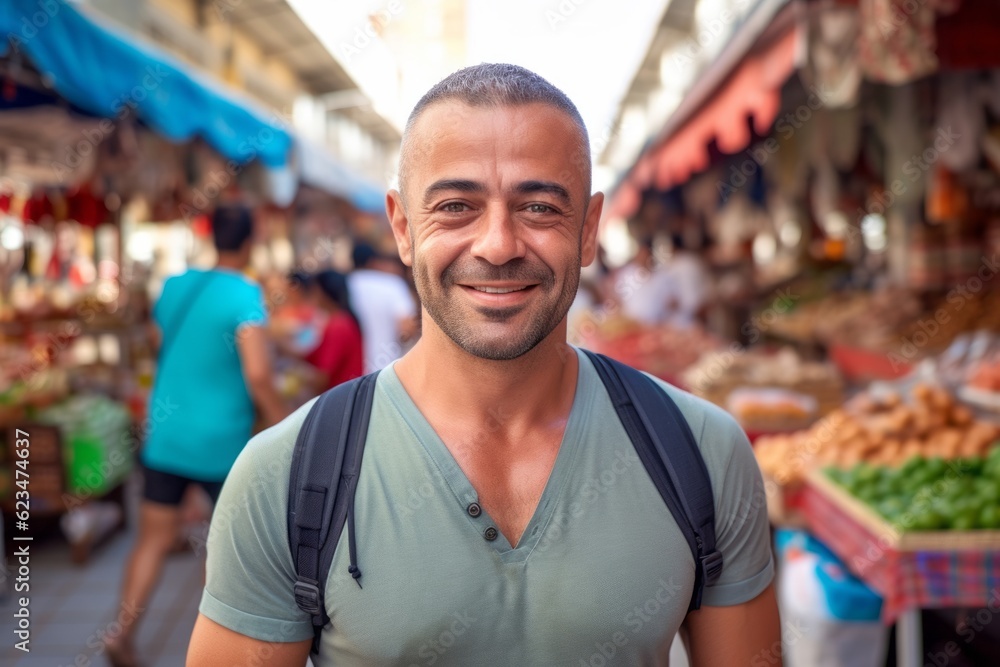 Close-up portrait photography of a satisfied boy in his 30s wearing a sporty polo shirt against a bustling marketplace background. With generative AI technology