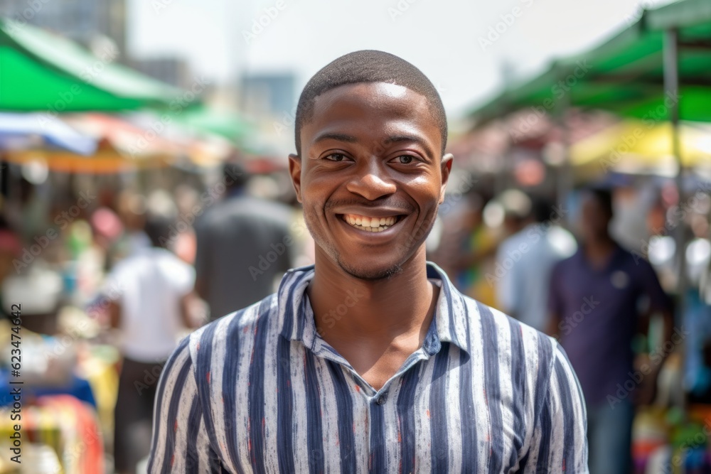 Close-up portrait photography of a satisfied boy in his 30s wearing a sporty polo shirt against a bustling marketplace background. With generative AI technology Close-up portrait photography of a satisfied boy in his 30s wearing a sporty polo shirt against a bustling marketplace background. With generative AI technology