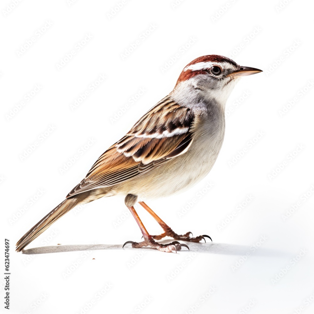 Fototapeta premium Chipping sparrow bird isolated on white. Generative AI