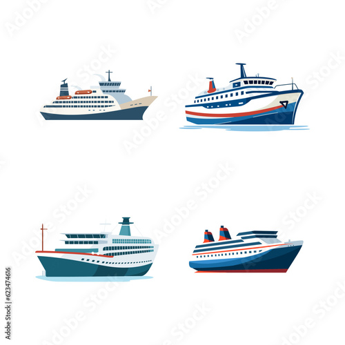 Set of vector illustration of cruise ship on white background