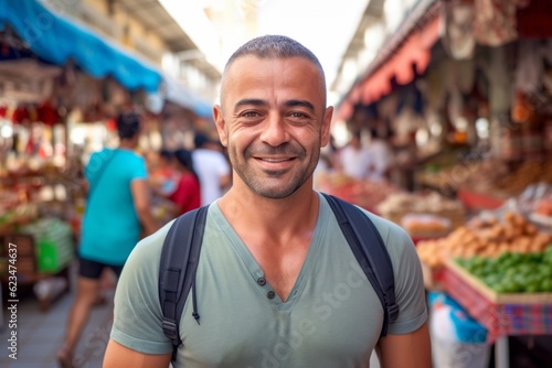 Close-up portrait photography of a satisfied boy in his 30s wearing a sporty polo shirt against a bustling marketplace background. With generative AI technology