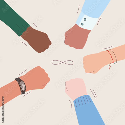 Hands, fists of diverse group of people putting together. Concept of community, support, partnership, teamwork, social movement, friendship and cooperation. Flat cartoon vector illustration