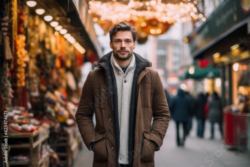 Lifestyle portrait photography of a glad boy in his 30s wearing a cozy winter coat against a bustling marketplace background. With generative AI technology © Markus Schröder