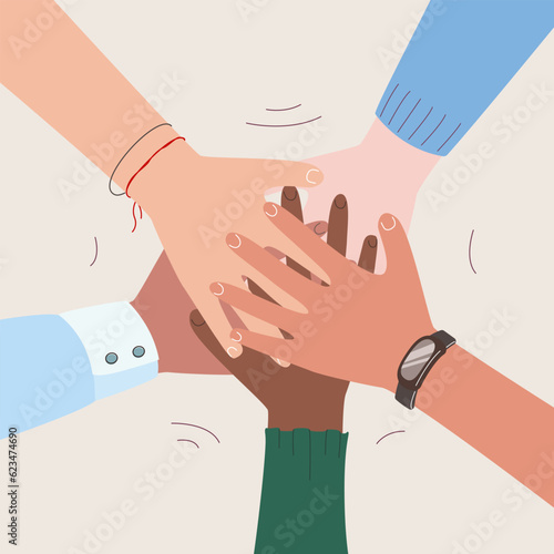Hands of diverse group of people putting together. Concept of community, support, partnership, teamwork, social movement, friendship and cooperation. Flat cartoon vector illustration