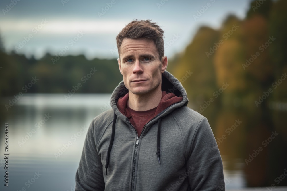 Sports portrait photography of a tender boy in his 30s wearing a stylish hoodie against a tranquil lake background. With generative AI technology