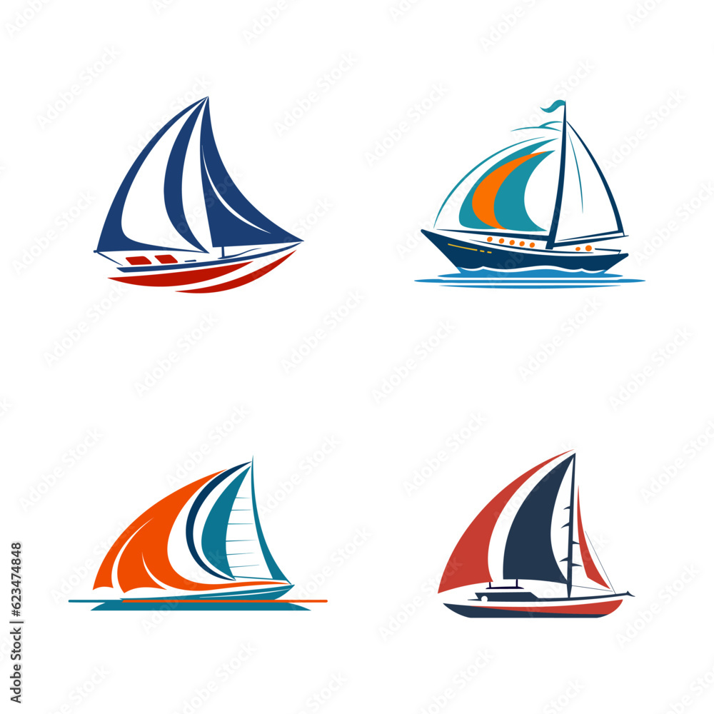 Set of vector illustration of classic yacht on white background