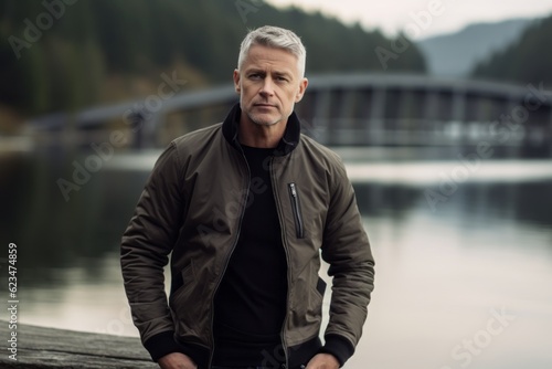 Lifestyle portrait photography of a tender mature man wearing a sleek bomber jacket against a tranquil lake background. With generative AI technology © Markus Schröder