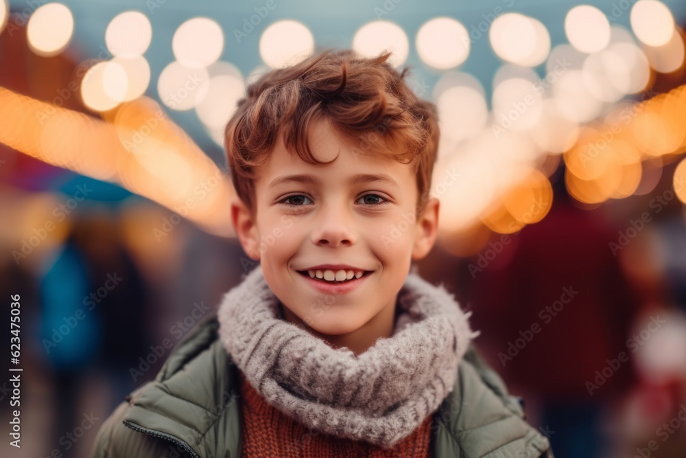 Medium shot portrait photography of a grinning kid male wearing a cozy sweater against a vibrant festival background. With generative AI technology