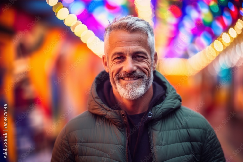 Sports portrait photography of a satisfied mature man wearing a stylish hoodie against a vibrant festival background. With generative AI technology