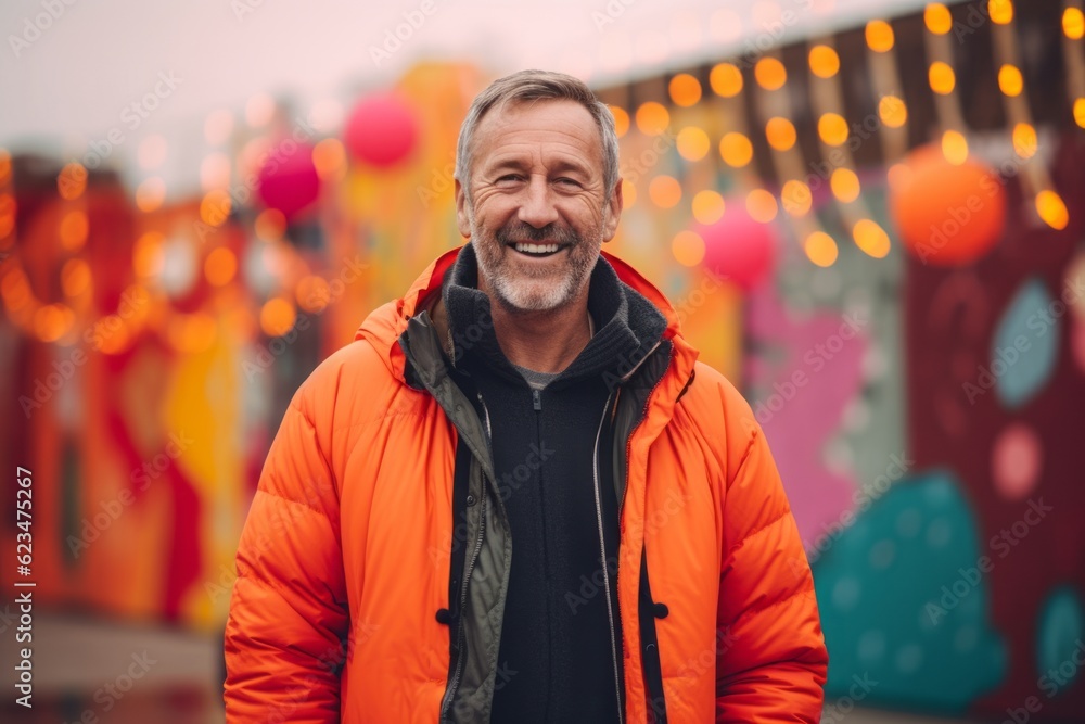 Fototapeta premium Photography in the style of pensive portraiture of a happy mature man wearing a comfortable tracksuit against a vibrant festival background. With generative AI technology