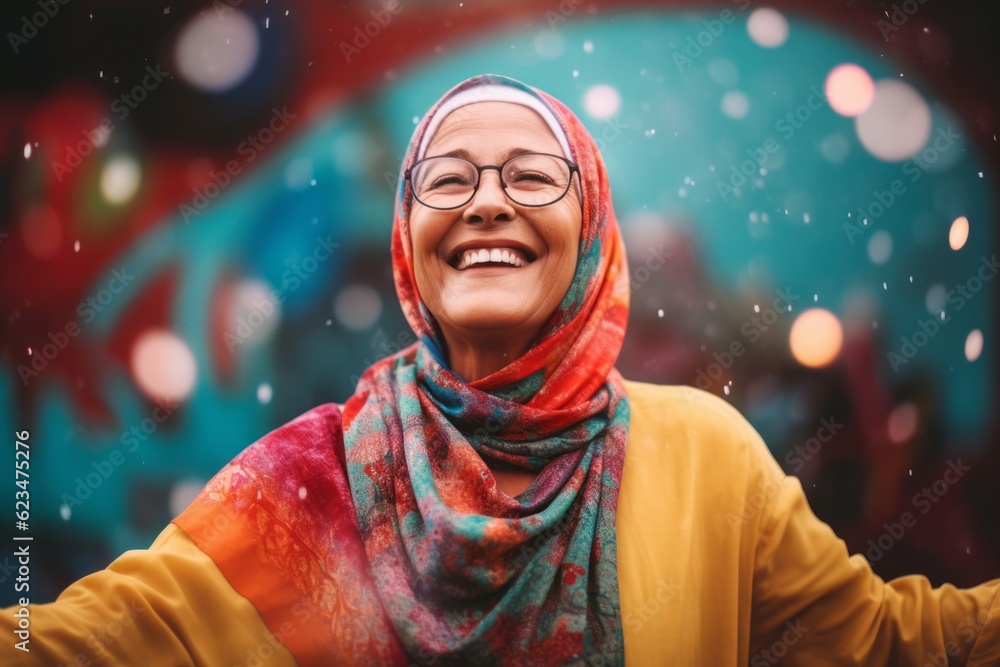 Urban fashion portrait photography of a glad mature woman wearing hijab against a vibrant festival background. With generative AI technology