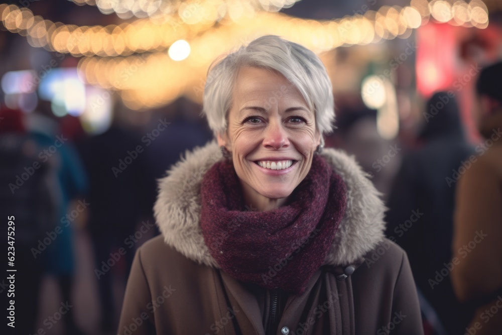 Editorial portrait photography of a satisfied mature girl wearing a cozy winter coat against a vibrant festival background. With generative AI technology Editorial portrait photography of a satisfied mature girl wearing a cozy winter coat against a vibrant festival background. With generative AI technology