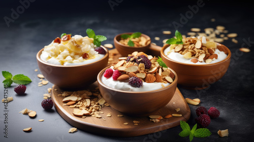 Nutritious Breakfast Bowls: Granola, Yogurt, Coconut Chips, and Honey. Healthy Vegan and Vegetarian Breakfast Table