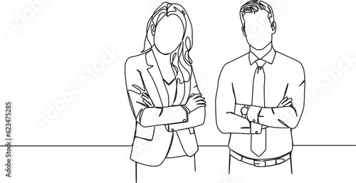 continuous single line drawing of business people, businesswoman and businessman line art vector illustration