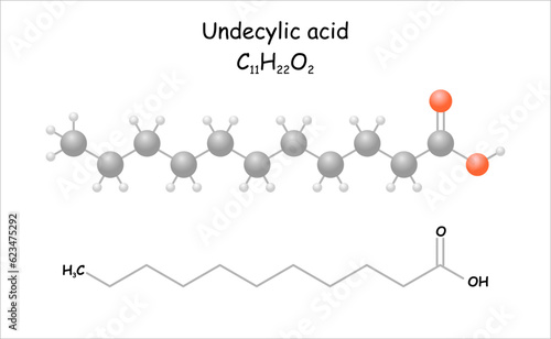 Stylized molecule model/structural formula of undecylic acid. Use as antifungal agent.