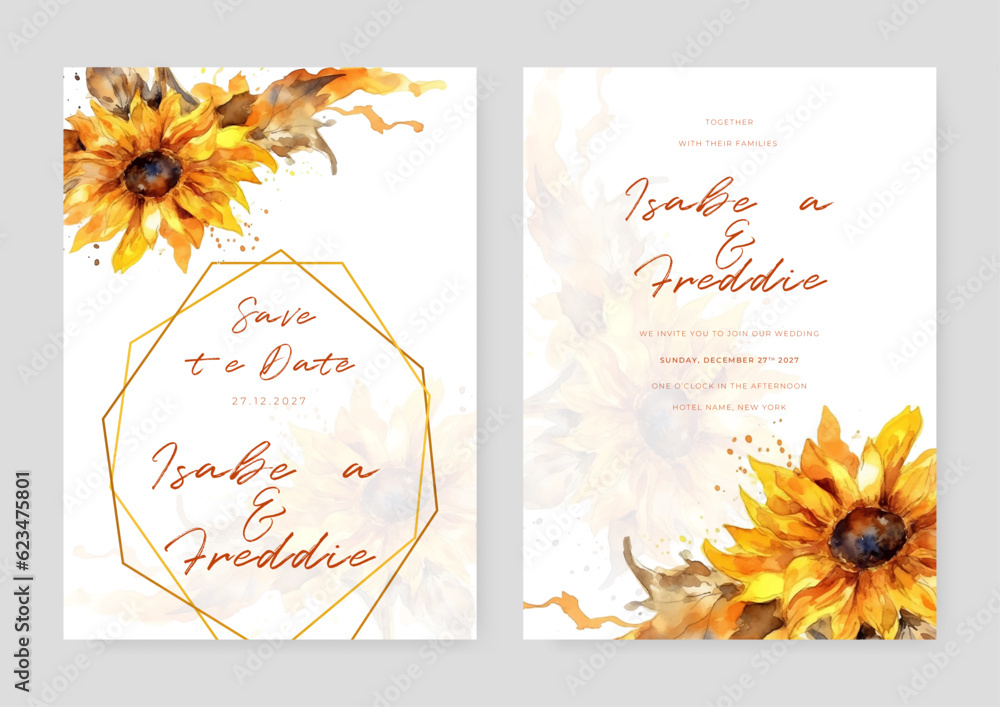Fototapeta premium Elegant watercolor texture in pink flower, gold sparkle, gold border. Spring floral design illustration for wedding and cover template, banner, invite.