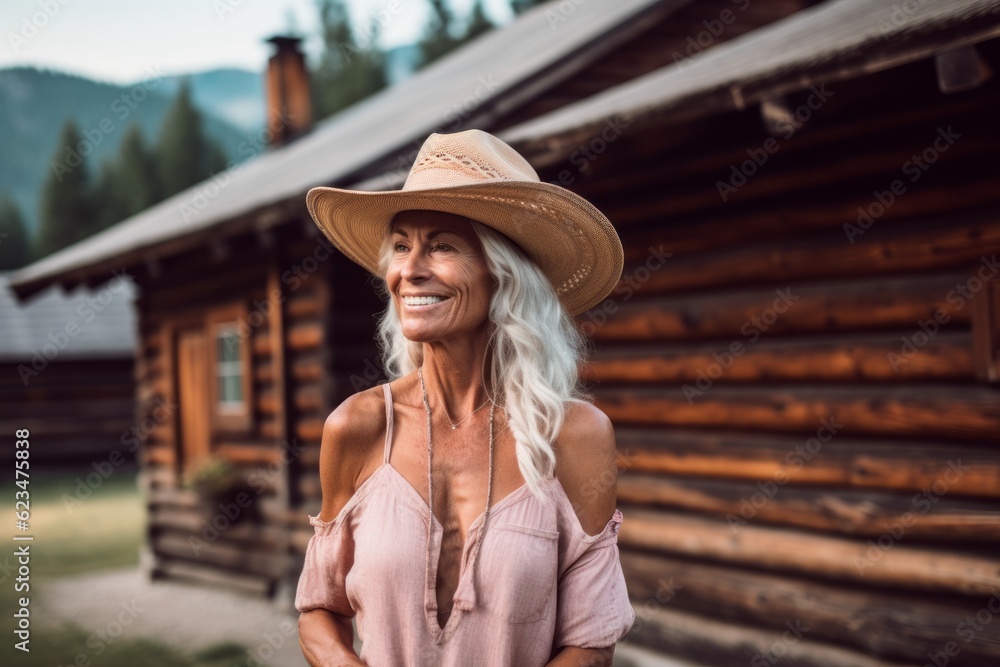 Lifestyle portrait photography of a tender old woman wearing a trendy bikini and straw hat against a mountain cabin background. With generative AI technology