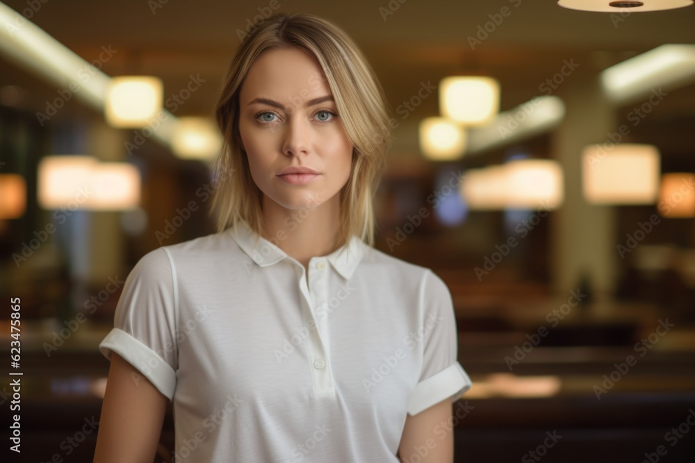 Photography in the style of pensive portraiture of a glad girl in her 30s wearing a casual short-sleeve shirt against a swanky hotel lobby background. With generative AI technology Photography in the style of pensive portraiture of a glad girl in her 30s wearing a casual short-sleeve shirt against a swanky hotel lobby background. With generative AI technology
