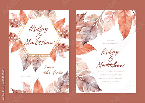 Minimal pink botanical Wedding Invitation, floral invite thank you, rsvp modern card Design in leaf and flower water color texture decorative Vector elegant rustic template