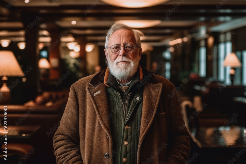 Photography in the style of pensive portraiture of a grinning old man wearing a cozy winter coat against a swanky hotel lobby background. With generative AI technology Photography in the style of pensive portraiture of a grinning old man wearing a cozy winter coat against a swanky hotel lobby background. With generative AI technology