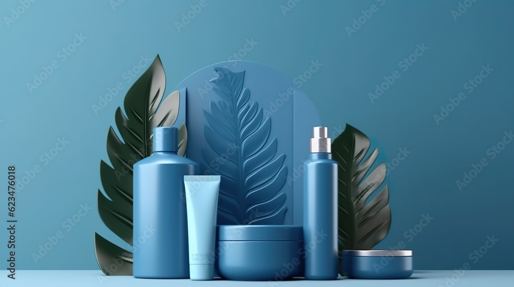 Blue podium mockup with cosmetics. Blue podium mockup with cosmetics.