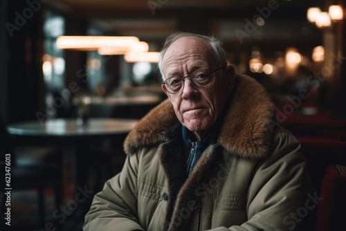 Photography in the style of pensive portraiture of a grinning old man wearing a cozy winter coat against a swanky hotel lobby background. With generative AI technology