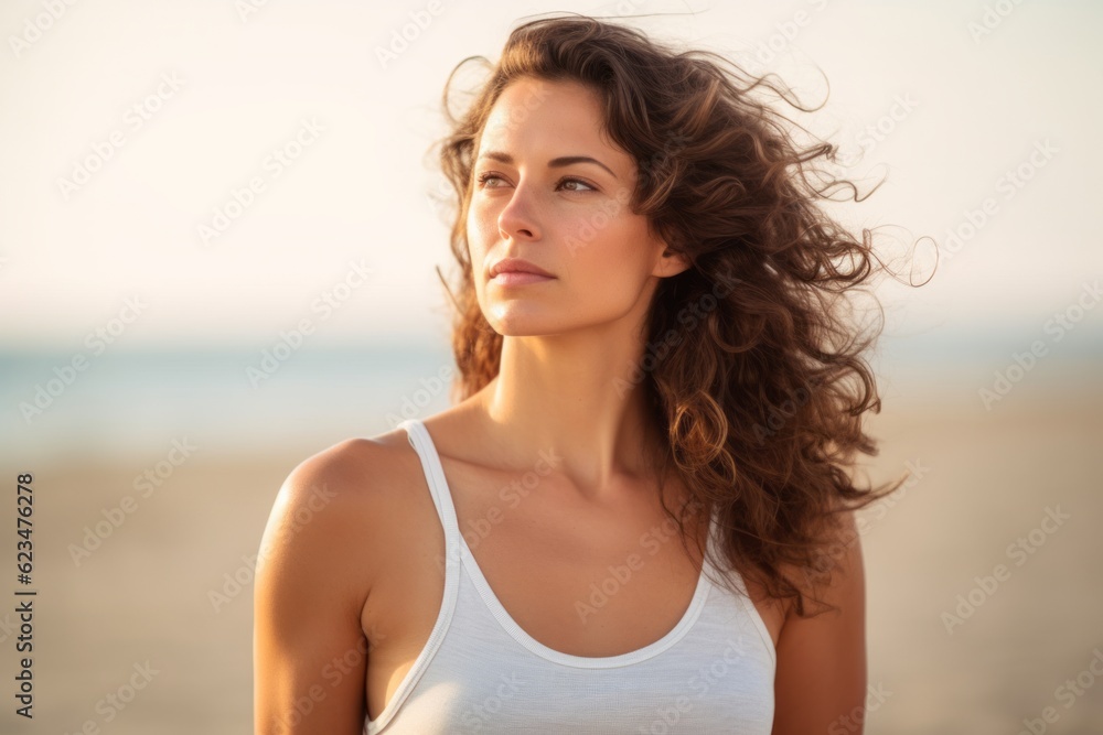 Photography in the style of pensive portraiture of a glad girl in her 30s wearing a stylish tank top against a serene beach background. With generative AI technology