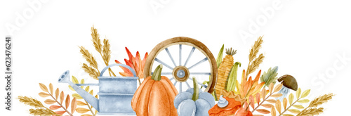 Watercolor autumn on the farm with harvest vegetables banner